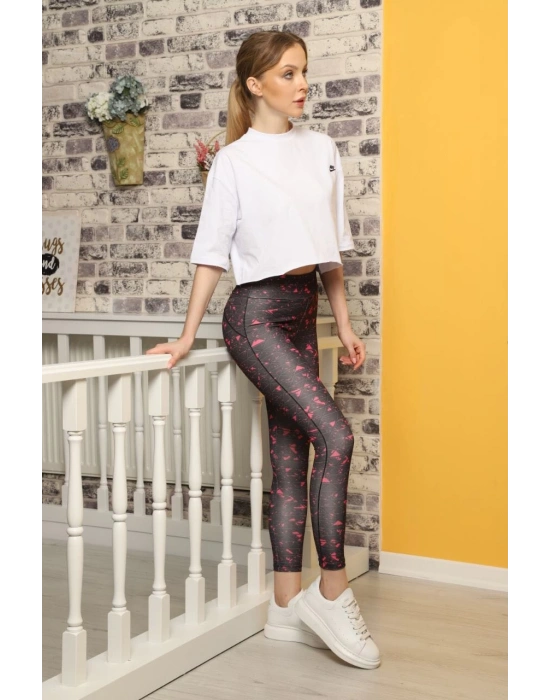 Pembe Çizgili Desen Dijital Baskılı Sporcu Tayt