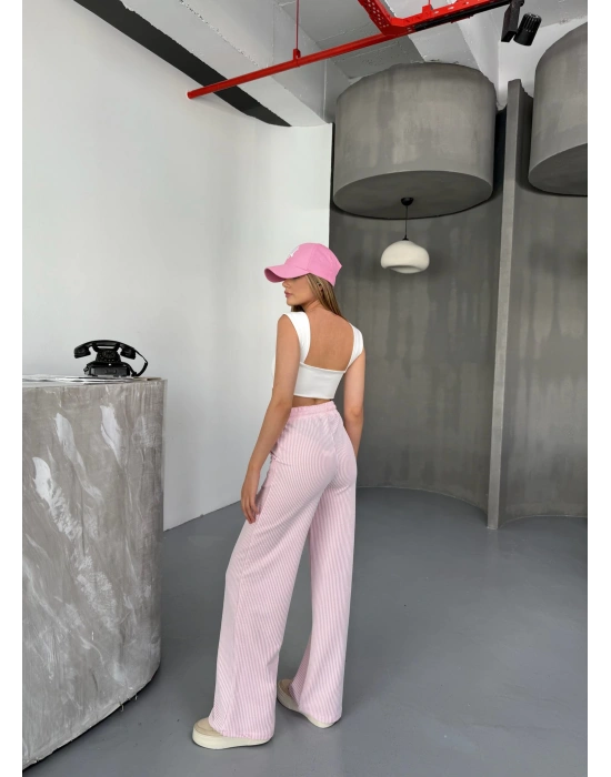 Pembe Su Yolu Çizgili Kumaş Pantolon