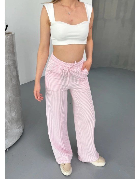 Pembe Su Yolu Çizgili Kumaş Pantolon