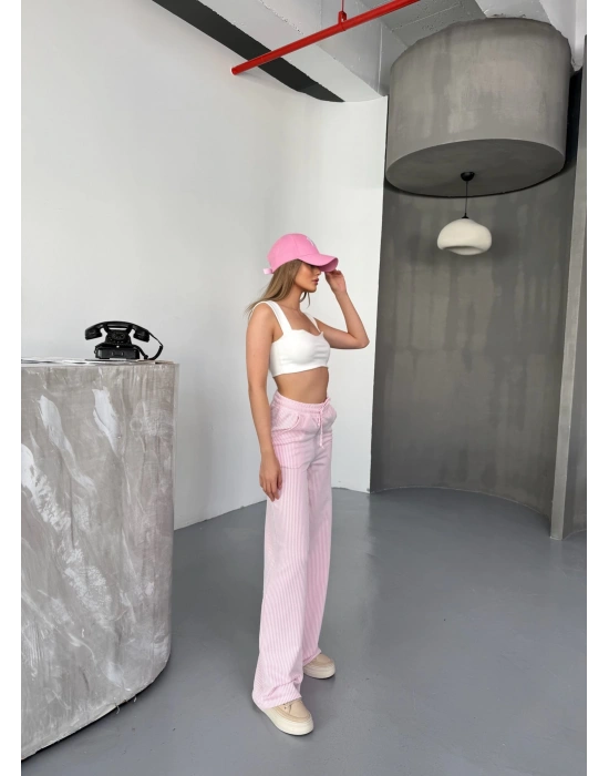 Pembe Su Yolu Çizgili Kumaş Pantolon