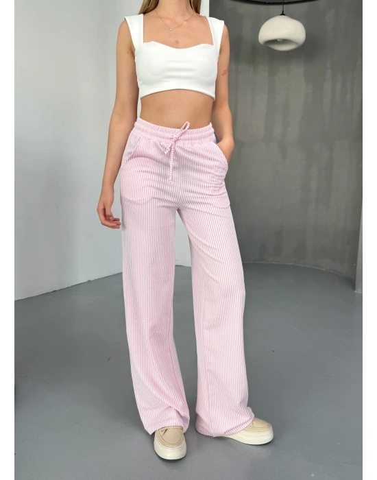 Pembe Su Yolu Çizgili Kumaş Pantolon