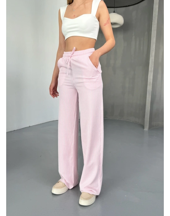 Pembe Su Yolu Çizgili Kumaş Pantolon