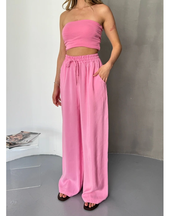 Pembe Tensel Kumaş Palazzo Kadın Pantolon