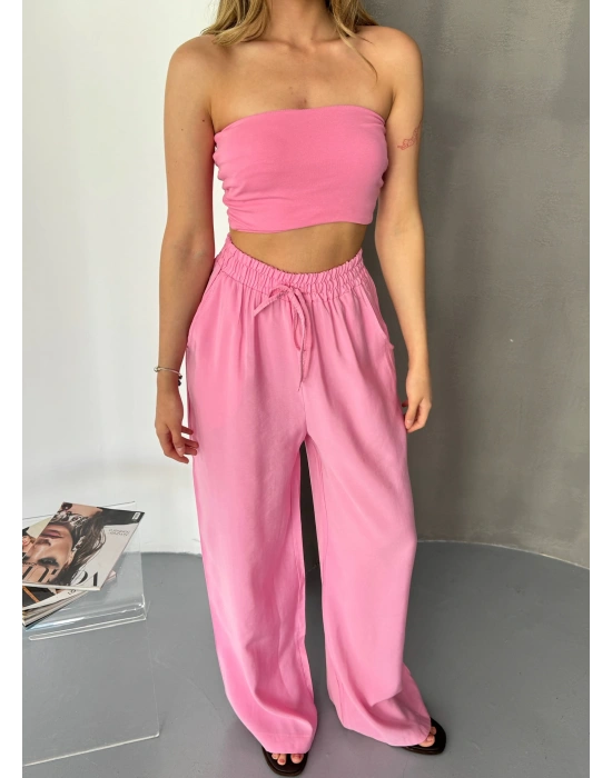 Pembe Tensel Kumaş Palazzo Kadın Pantolon