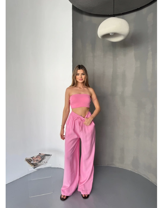Pembe Tensel Kumaş Palazzo Kadın Pantolon