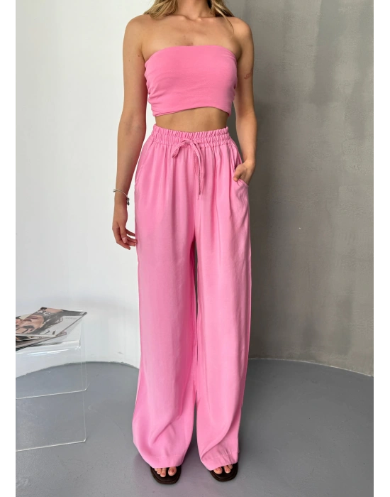 Pembe Tensel Kumaş Palazzo Kadın Pantolon