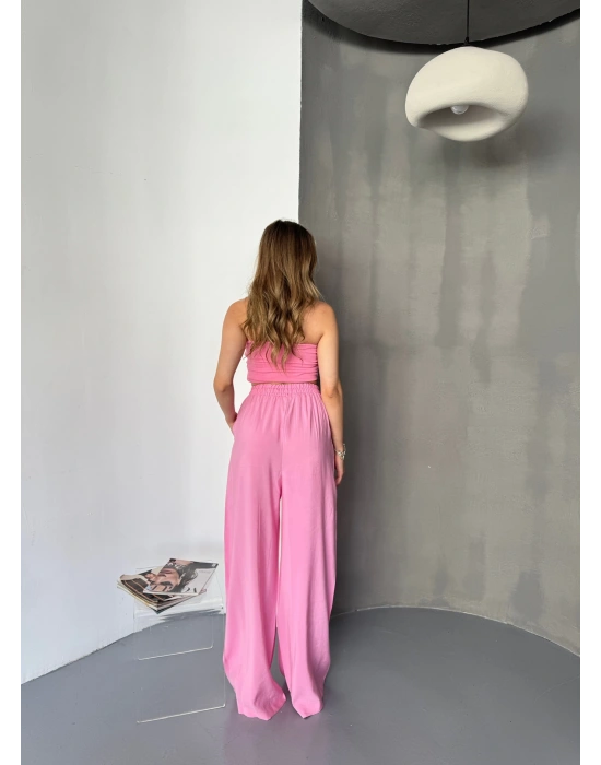 Pembe Tensel Kumaş Palazzo Kadın Pantolon
