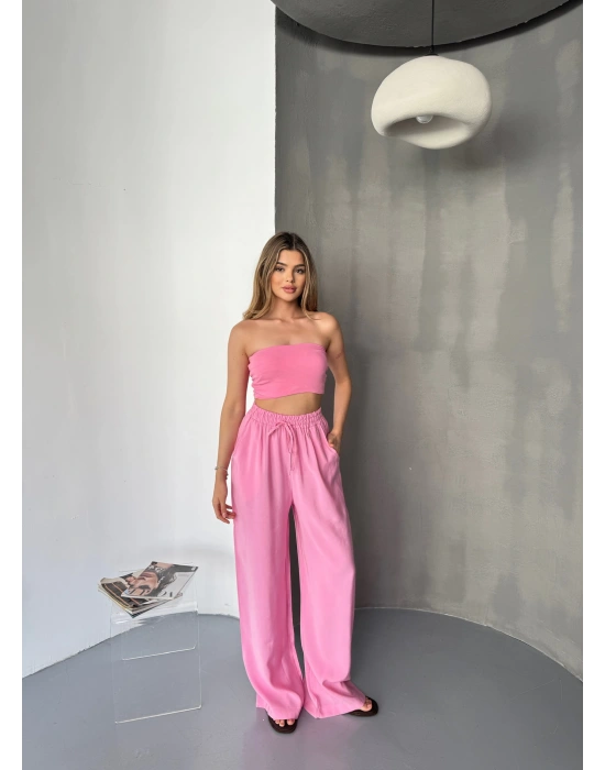 Pembe Tensel Kumaş Palazzo Kadın Pantolon