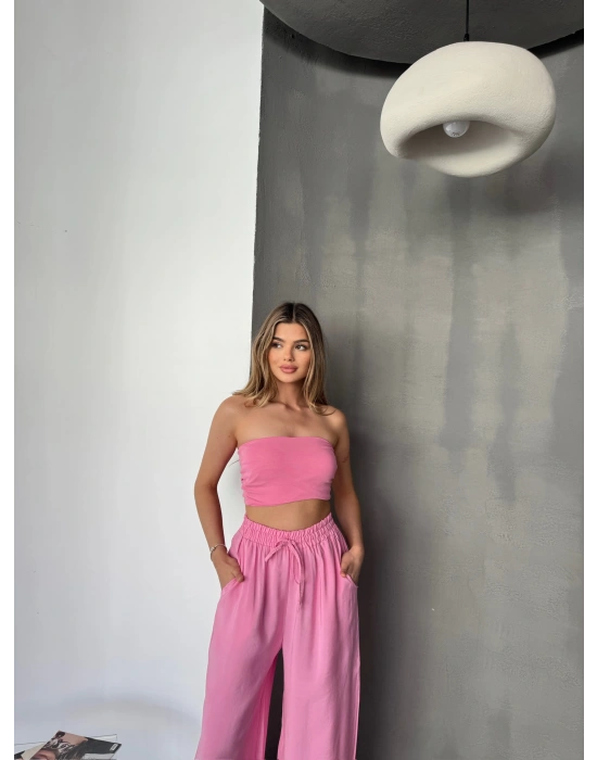 Pembe Tensel Kumaş Palazzo Kadın Pantolon