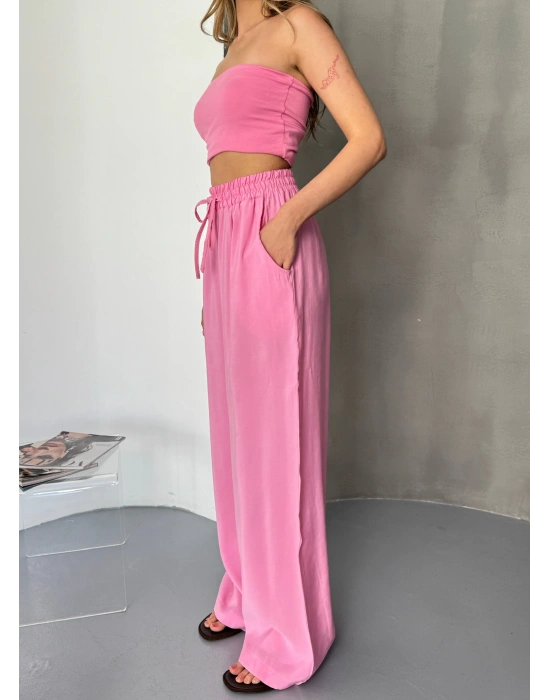 Pembe Tensel Kumaş Palazzo Kadın Pantolon