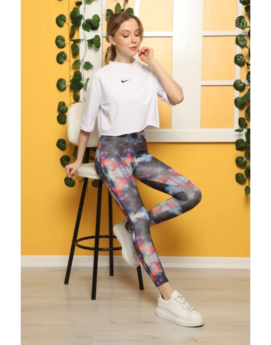 Renkli Kristal Desen Dijital Baskılı Sporcu Tayt