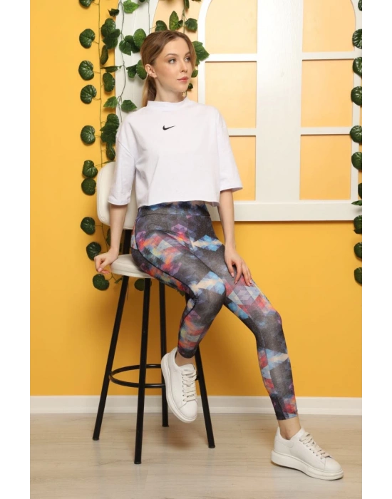 Renkli Kristal Desen Dijital Baskılı Sporcu Tayt