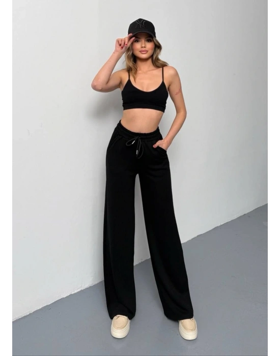 Siyah Modal Kumaş Bol Paça Pantolon