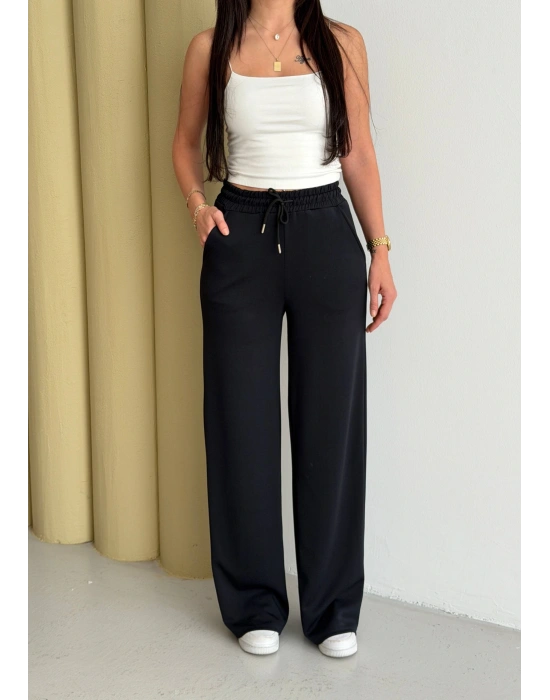 Siyah Modal Kumaş Bol Paça Pantolon