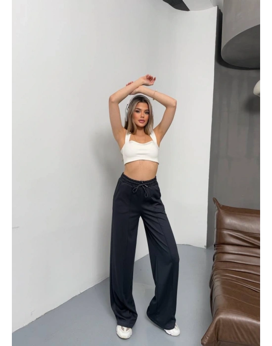 Siyah Modal Kumaş Çımalı Palazzo Pantolon