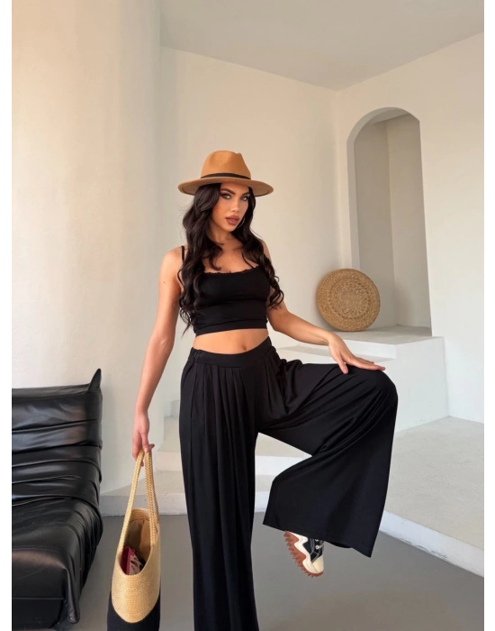 Siyah Oys Pileli Pantolon