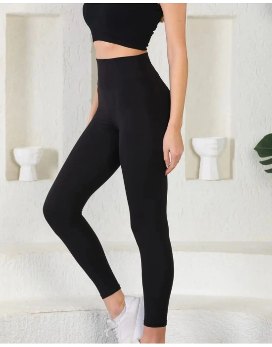 Siyah Sade Yüksek Kemer Sporcu Tayt
