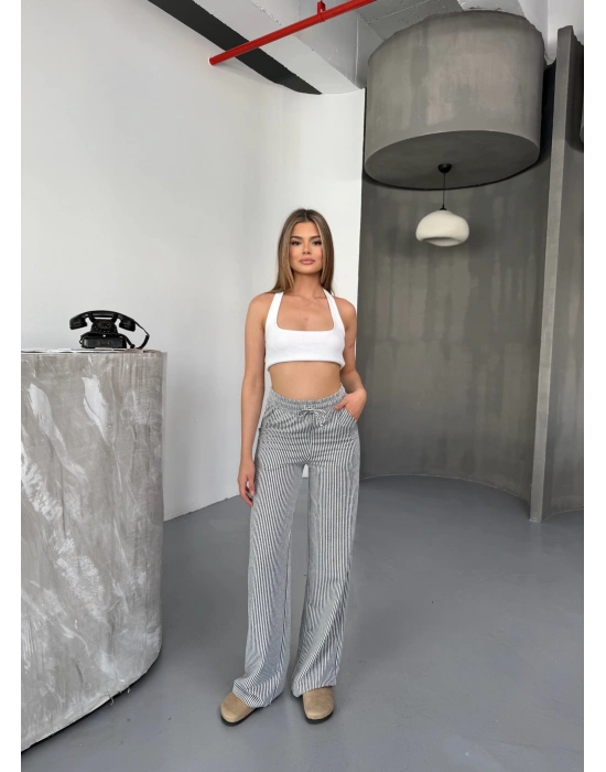 Siyah Su Yolu Çizgili Kumaş Pantolon