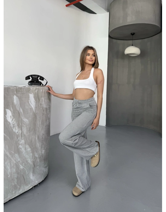 Siyah Su Yolu Çizgili Kumaş Pantolon