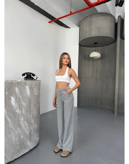 Siyah Su Yolu Çizgili Kumaş Pantolon