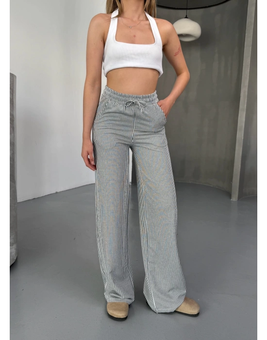 Siyah Su Yolu Çizgili Kumaş Pantolon