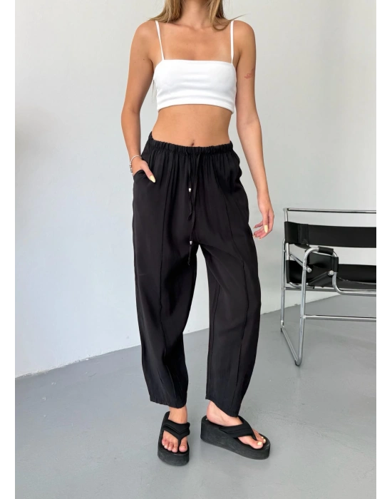 Siyah Tensel Havuç Model Çımalı Kadın Pantolon