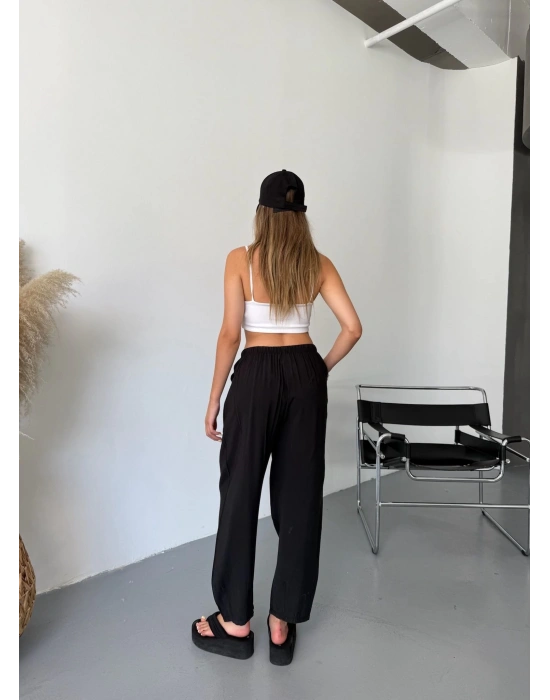Siyah Tensel Havuç Model Çımalı Kadın Pantolon