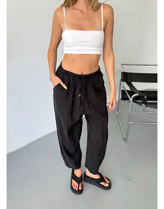 Siyah Tensel Havuç Model Çımalı Kadın Pantolon