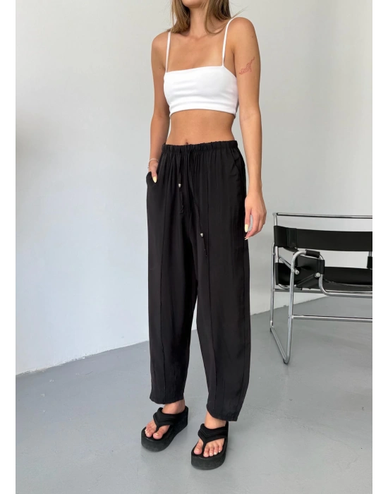 Siyah Tensel Havuç Model Çımalı Kadın Pantolon