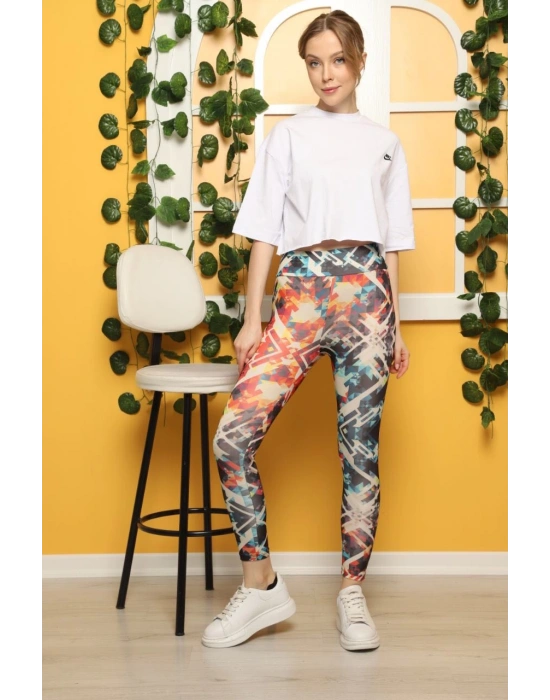 Turunculu Desen Dijital Baskılı Sporcu Tayt