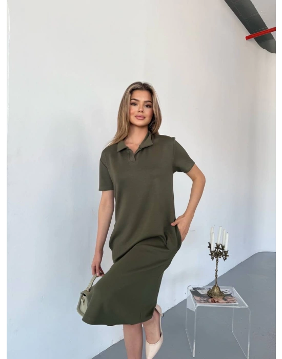 Haki Polo Yaka Modal Kadın Elbise
