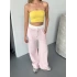 Pembe - Beyaz Su Yolu Çizgili Kumaş Pantolon