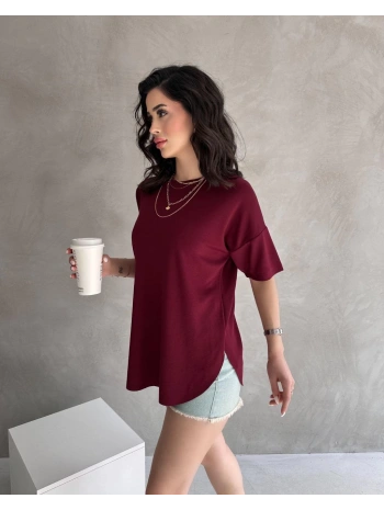 Bordo Modal Oval Kesim Kısa Kollu Tişört