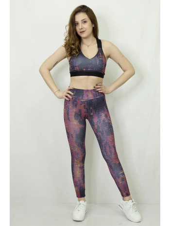Çizgili Desen Dijital Büstiyer Tayt Takım
