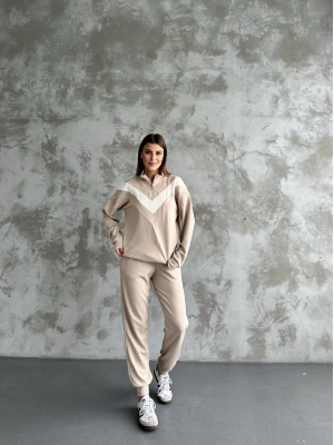 Bej Garnili Modal Yarım Fermuarlı Takım