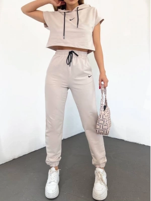 Bej Lastikli Paça Kompak Eşofman