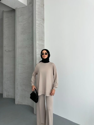 Bej Modal Çımalı Kadın Uzun Alt Üst Takım