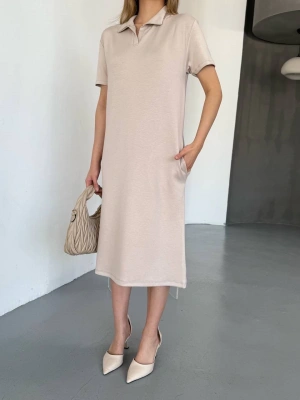 Bej Polo Yaka Modal Kadın Elbise