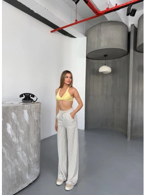 Bej Su Yolu Çizgili Kumaş Pantolon