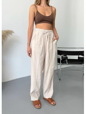 Bej Tensel Havuç Model Çımalı Kadın Pantolon