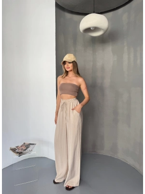 Bej Tensel Kumaş Palazzo Kadın Pantolon