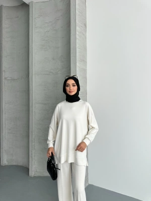 Beyaz Modal Çımalı Kadın Uzun Alt Üst Takım