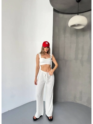 Beyaz Zara Gofralı Kadın Pantolon