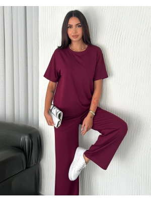 Bordo Kadın Modal Bisiklet Yaka Alt Üst Takım