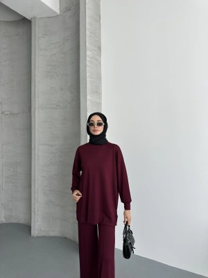 Bordo Modal Çımalı Kadın Uzun Alt Üst Takım