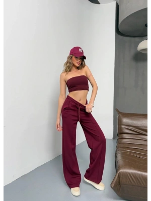 Bordo Modal Kumaş Çımalı Palazzo Pantolon