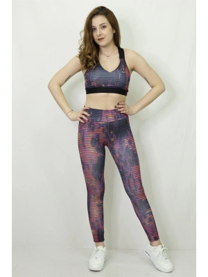 Çizgili Desen Dijital Büstiyer Tayt Takım