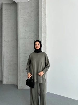 Haki Modal Çımalı Kadın Uzun Alt Üst Takım