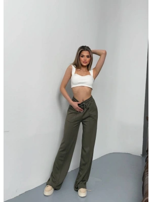 Haki Modal Kumaş Çımalı Palazzo Pantolon