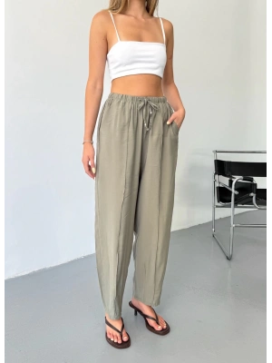 Haki Tensel Havuç Model Çımalı Kadın Pantolon